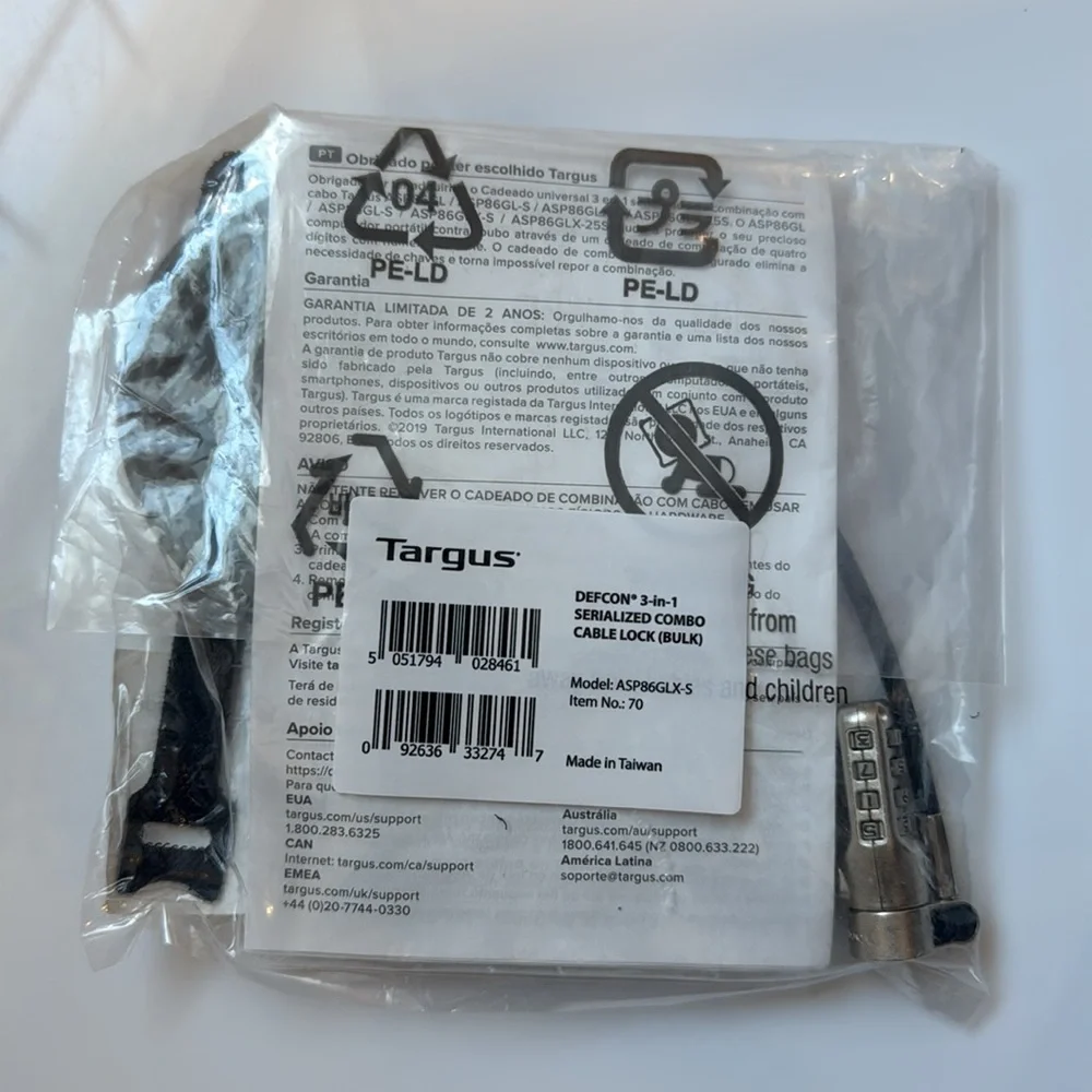 Targus DEFCON 3-in-1 Universal Serialized Combo Cable Lock NWT